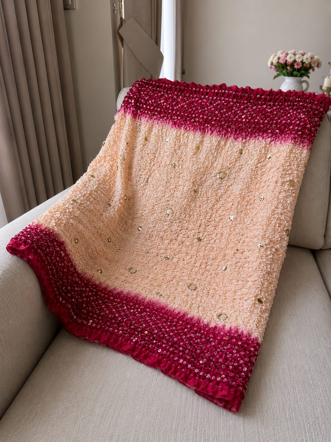 Peach and Magenta Chunri Dupatta