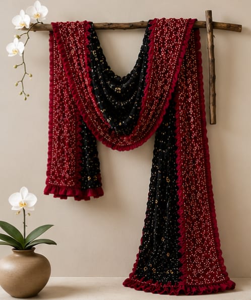 Black and Maroon Chunri Dupatta