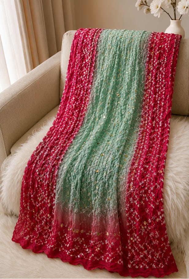 Hot Pink and Mint Green Chunri Dupatta