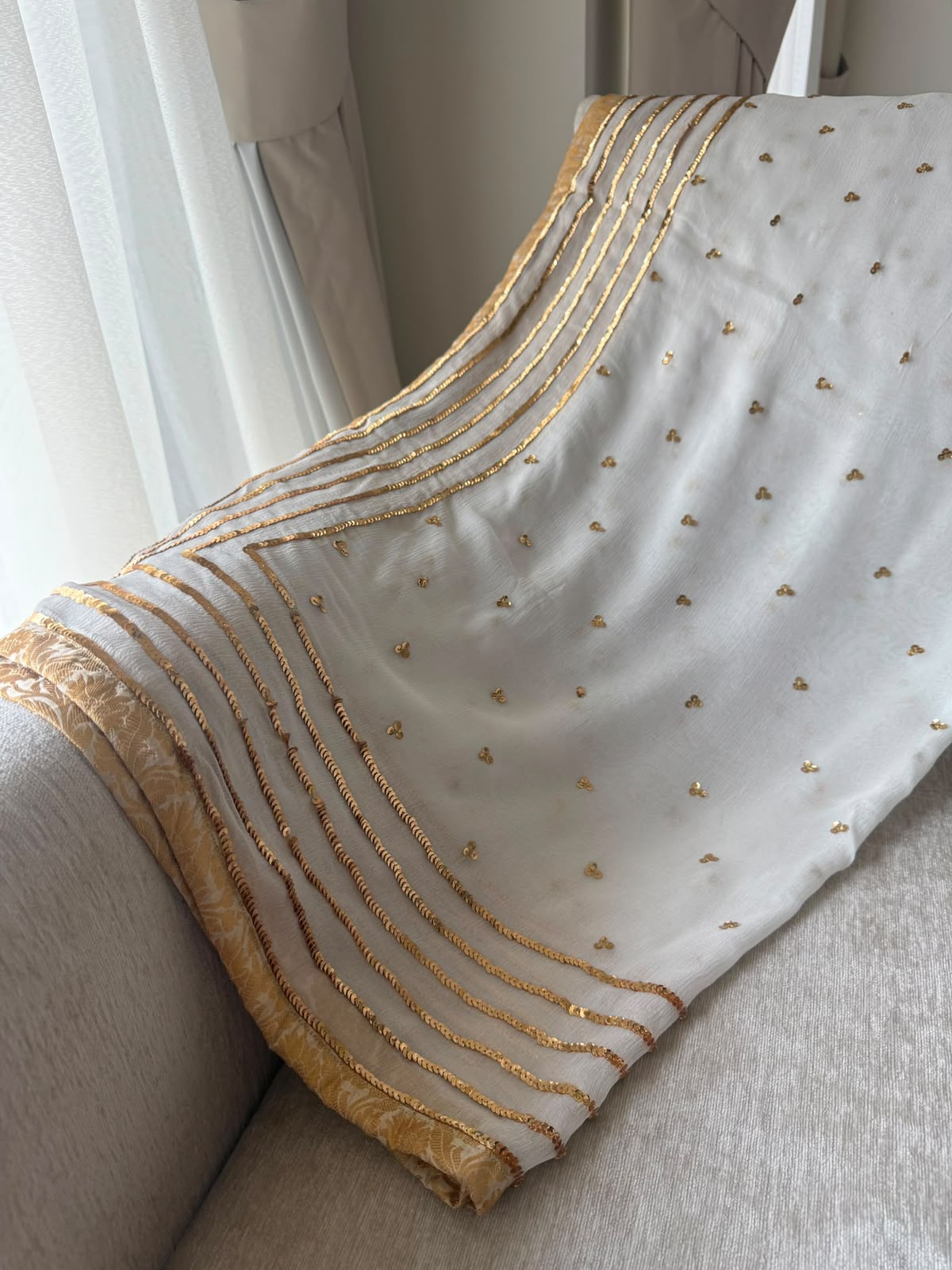 Off-White and Gold Chiffon Dupatta